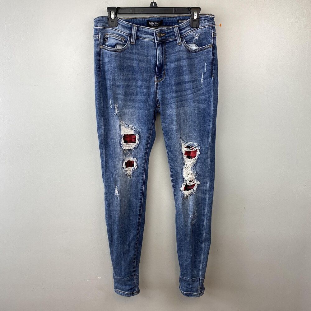 Judy Blue Skinny Jeans Womens 11 30 Blue Distressed Plaid Patch Mid Rise‎ Denim